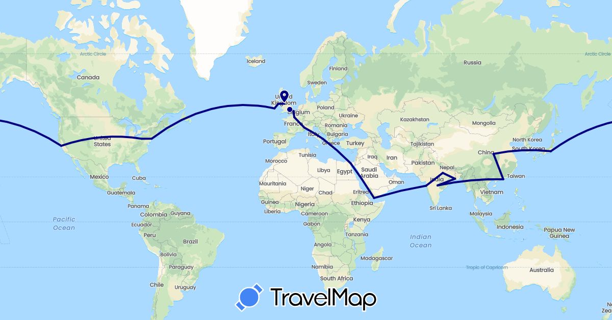TravelMap itinerary: driving in China, Egypt, France, United Kingdom, Ireland, India, Italy, Japan, United States, Yemen (Africa, Asia, Europe, North America)